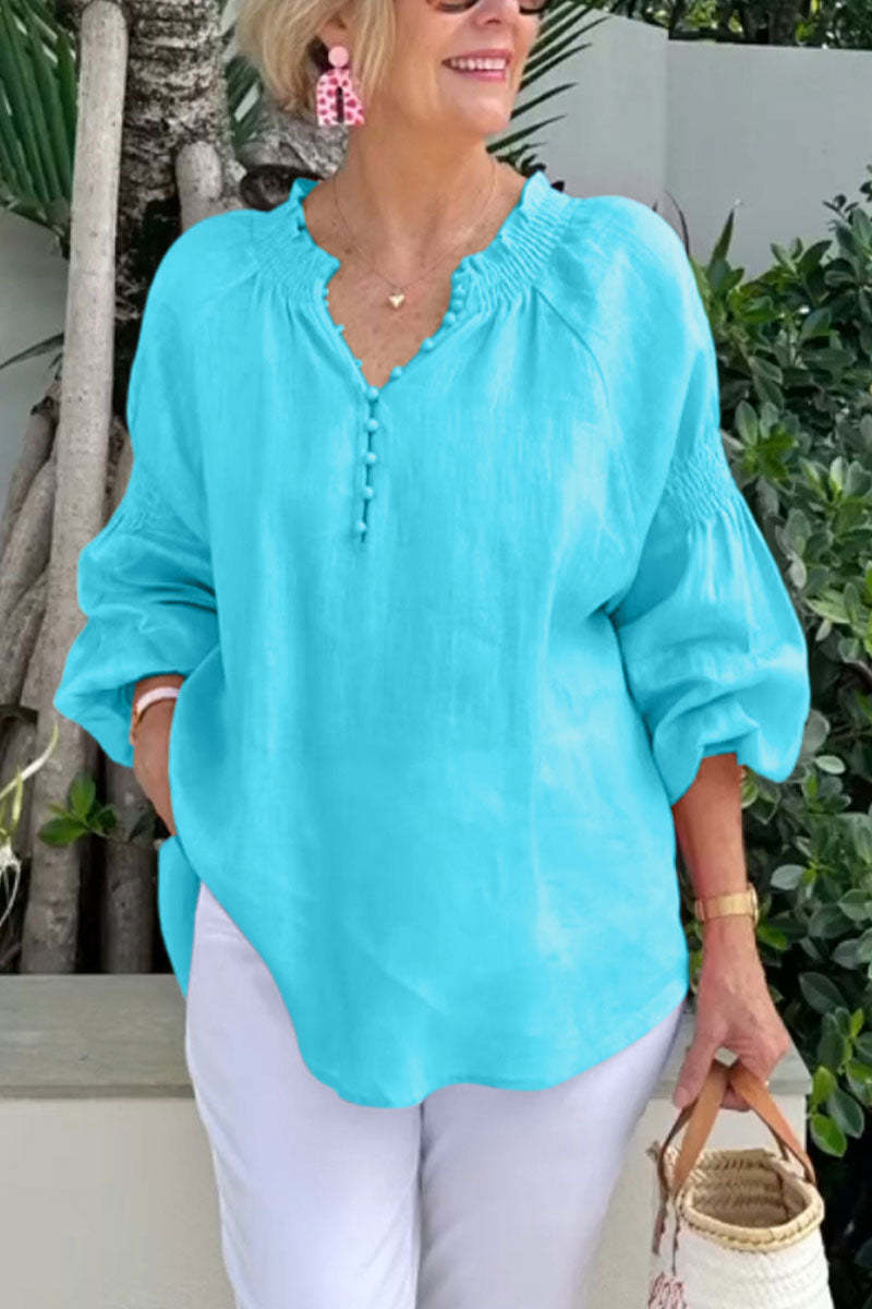 Blusa informal de algodón y lino de color liso con cuello en V y manga larga para mujer