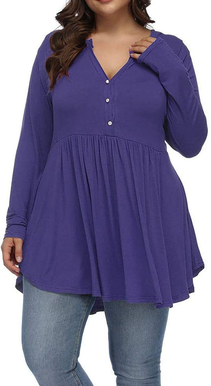 Camiseta informal de manga larga plisada con botones y escote en V de color liso para mujer, talla grande