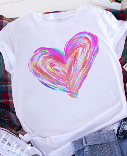 Camiseta informal de manga corta con estampado de corazón para mujer