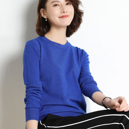 Women Simple Casual Solid Color Round Neck Long Sleeve Knitted Sweater