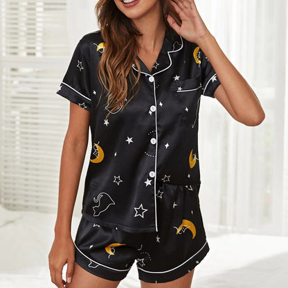 Conjunto de pijama informal de satén para mujer, con mangas cortas, solapa a rayas y pantalones cortos de botonadura sencilla