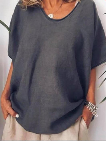 Camiseta informal de verano para mujer, color liso, cuello en V, manga corta, sin mangas