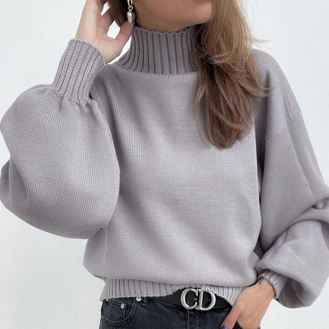 Suéter de punto con mangas abullonadas y cuello alto de color liso informal de invierno para mujer