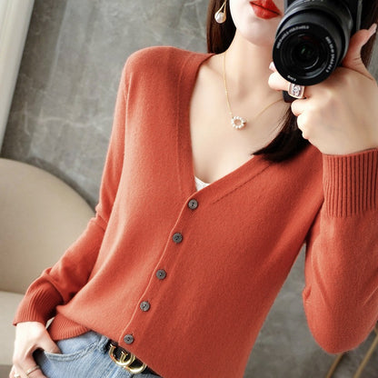 Chaqueta de punto con cuello en V informal de manga larga para mujer