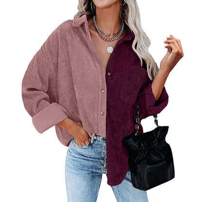 Blusa informal de manga larga con solapa y botones para mujer, con diseño de patchwork y bloqueo de color