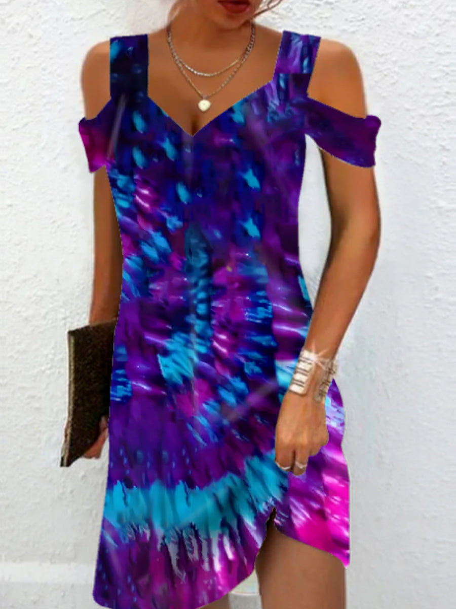 Women Fashion Casual Marble Printed Cool-Shoulder Dress