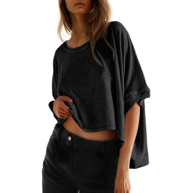 Camiseta informal holgada de manga corta con cuello redondo y estampado de murciélago para mujer