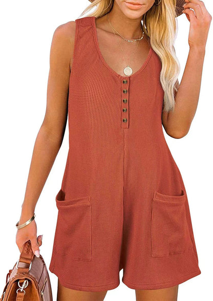 Women Casual Solid Color V-Neck Button Pocket Vest Rompers