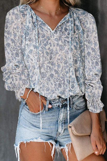 Blusa informal de manga larga con cuello en V y estampado floral para mujer