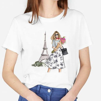 Camiseta informal de manga corta con cuello redondo y estampado de labios para mujer