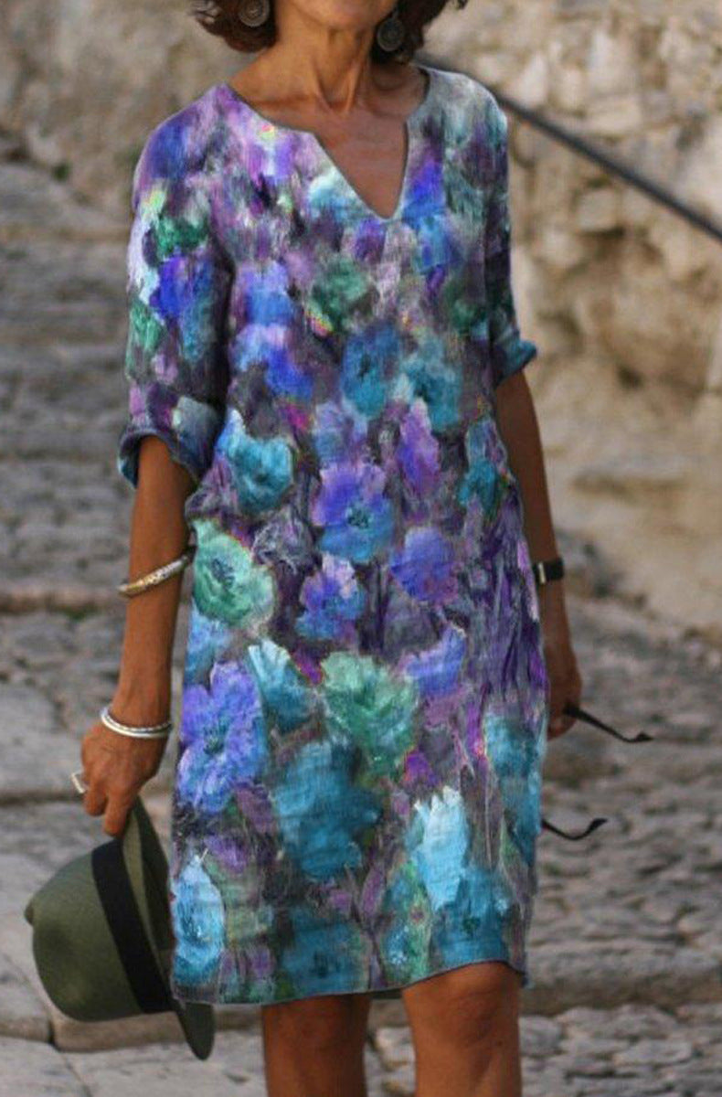 Women Casual Elegant Fashion Flower Printed Short Sleeve V Neck Loose Dress