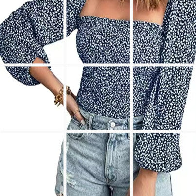 Camisa informal de color liso con cuello cuadrado y mangas abullonadas para mujer