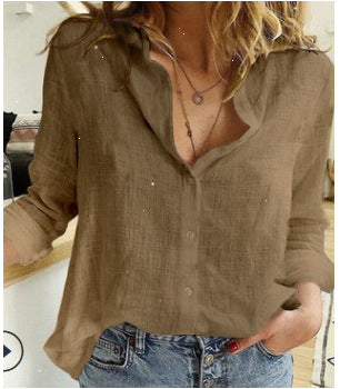 Camisa de lino holgada de manga larga, informal, básica, de color liso, para mujer