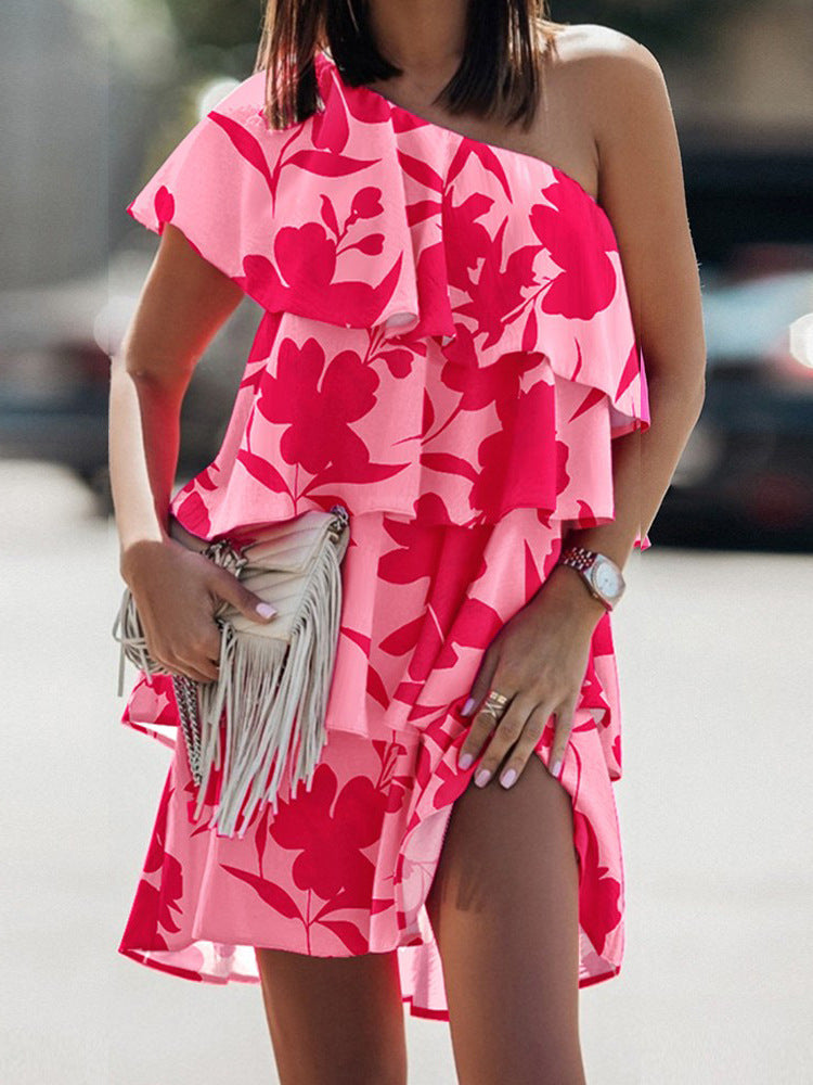 Women Elegant Bohemian Ruffled Casual Floral Print Oblique Shoulder Dress