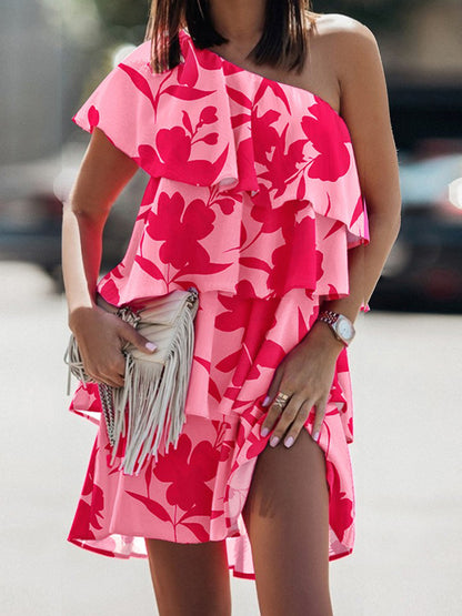 Women Elegant Bohemian Ruffled Casual Floral Print Oblique Shoulder Dress