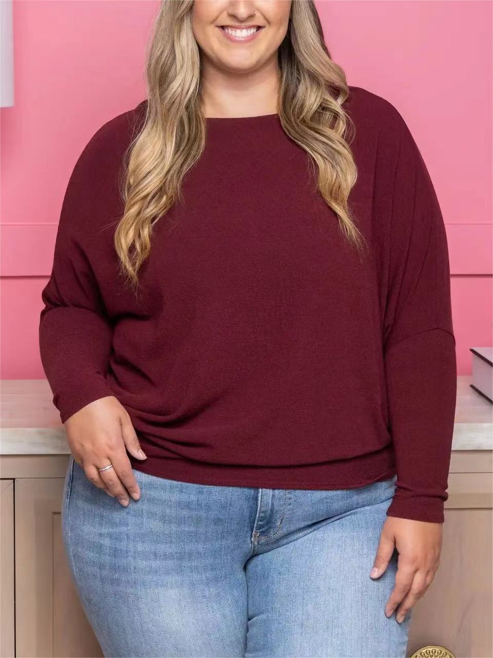 Camiseta informal de manga larga con cuello redondo y color liso para mujer