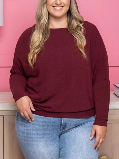 Camiseta informal de manga larga con cuello redondo y color liso para mujer