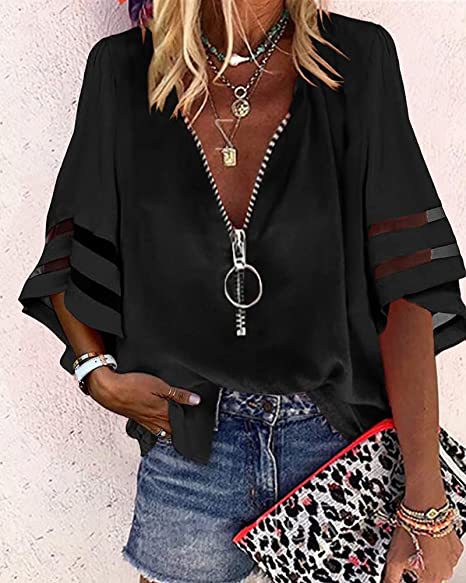 Blusa informal de mujer con cuello en V, media cremallera y mangas acampanadas
