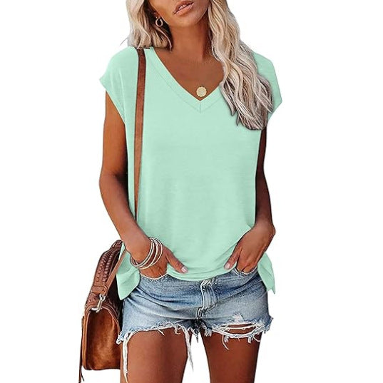 Camiseta informal de verano para mujer, con cuello en V, color liso, de manga corta y sin mangas
