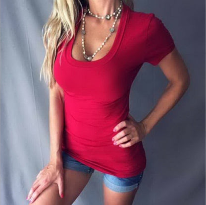 Camiseta informal de manga corta con cuello en V y color liso para mujer