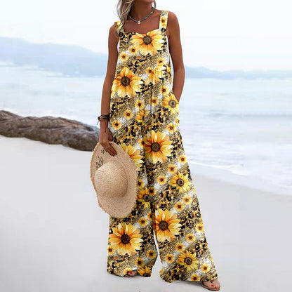 Women Fashion Casual Printed Sleeveless Wide-Leg Loose Jumpsuits