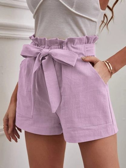 Women Casual Linen Solid Color Loose Pocket High Waist Shorts