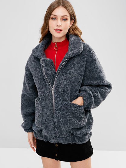 Abrigo de peluche de manga larga con bolsillo y solapa de color liso para mujer, informal, de invierno