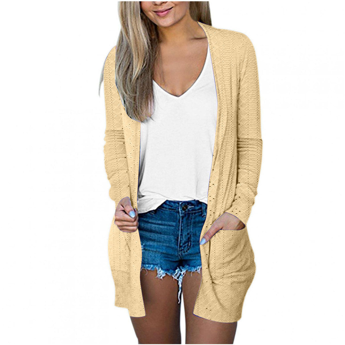 Abrigo informal holgado de manga larga con bolsillos en color liso para mujer