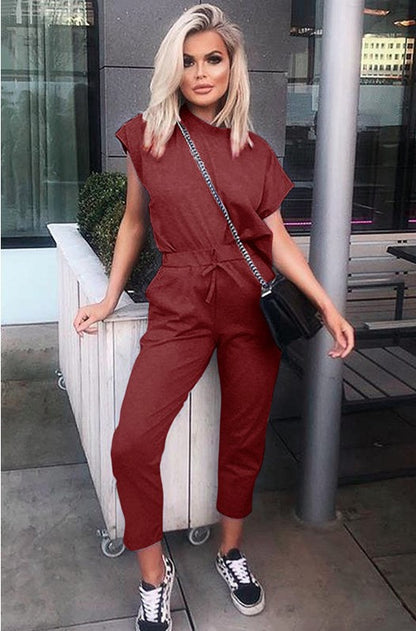 Conjunto de top y pantalón de manga corta con cuello redondo y color liso informal para mujer