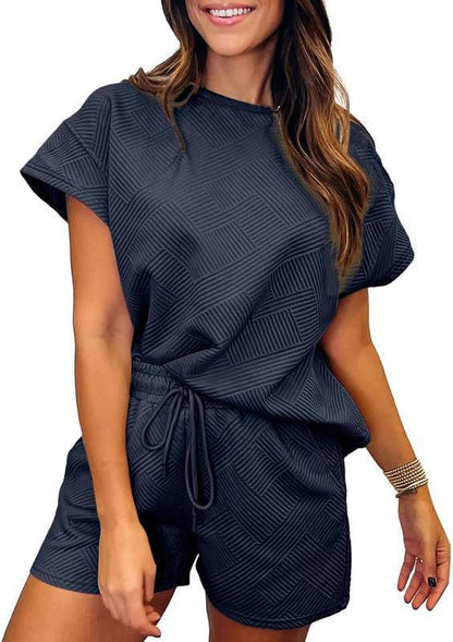 Conjunto de dos piezas informal para mujer, color liso, cuello redondo, manga corta, pantalones cortos con cordones