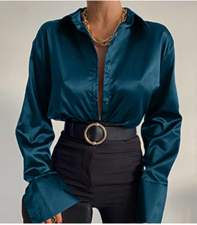 Camisa de manga larga con solapa de color liso informal a la moda para mujer