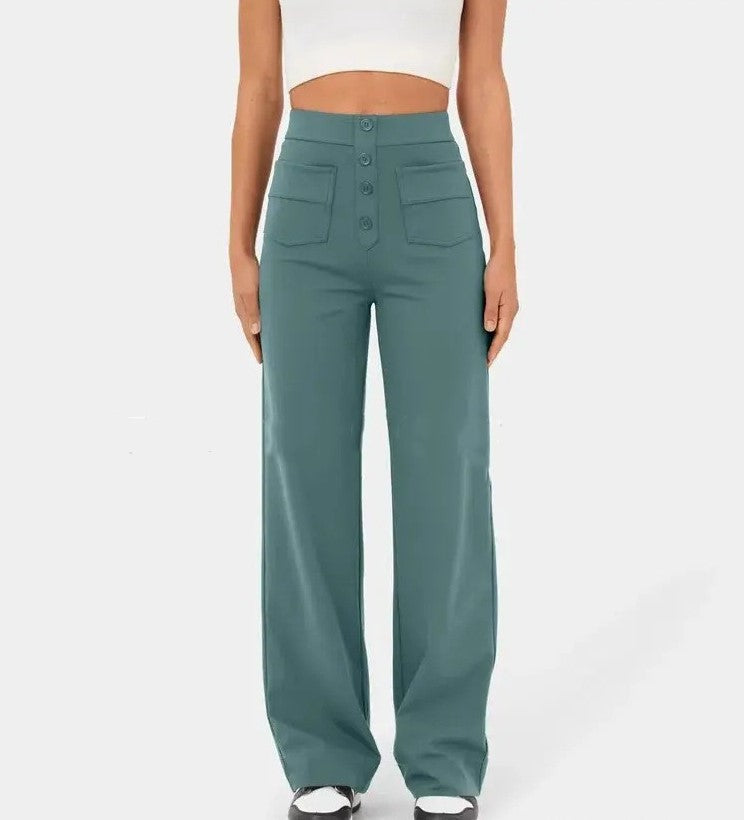 Fashion Women Casual Straight High Waist Button Elastic Multiple Pockets Pants