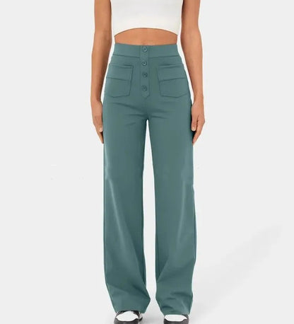 Fashion Women Casual Straight High Waist Button Elastic Multiple Pockets Pants