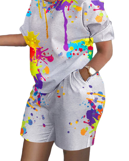 Conjunto de dos piezas de top y pantalones cortos de manga corta con cuello redondo y estampado gráfico informal para mujer