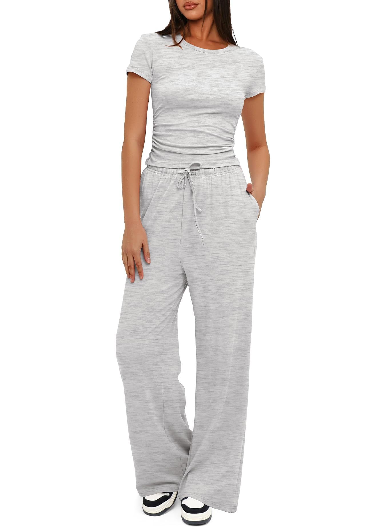 Conjunto deportivo informal de color liso para mujer, con top de manga corta y cintura alta y pantalones anchos