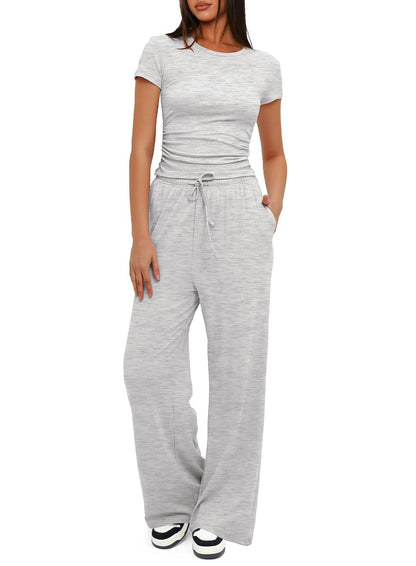 Conjunto deportivo informal de color liso para mujer, con top de manga corta y cintura alta y pantalones anchos