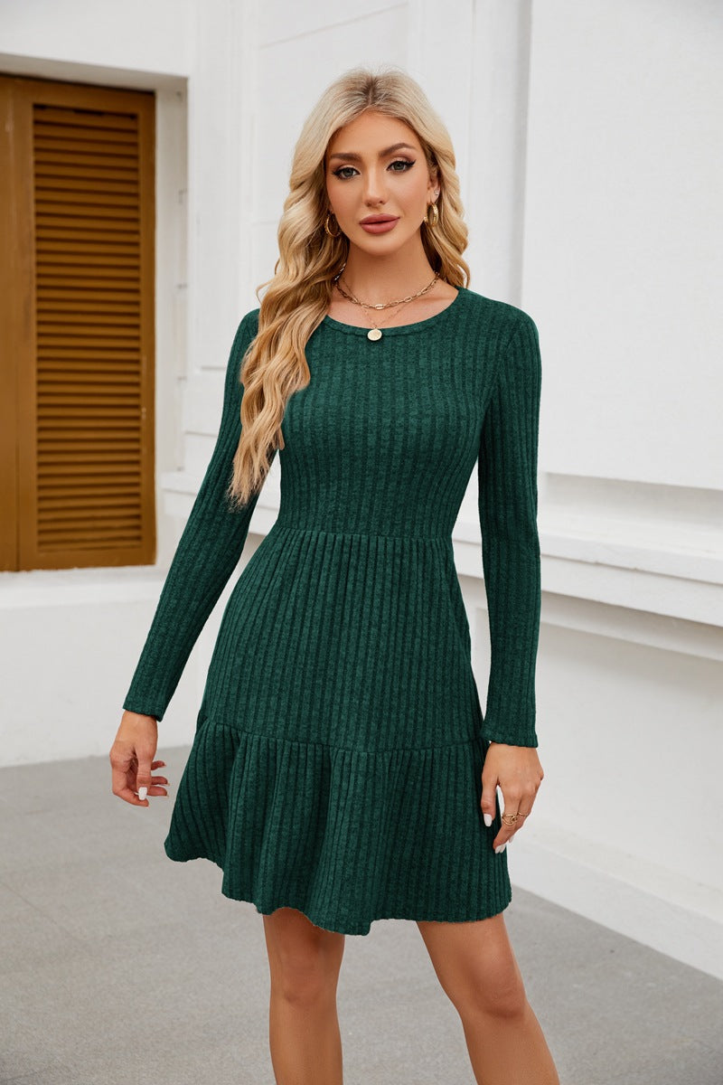 Women Crewneck Pocket Casual Knee Length Long Sleeve Knitted Dress