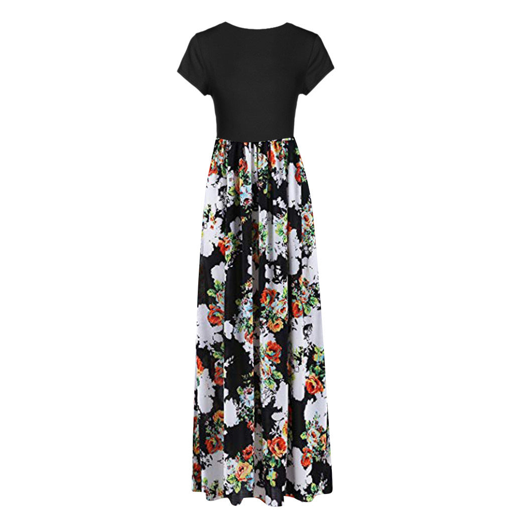 Vestido largo informal de manga corta con cuello redondo y estampado floral para mujer