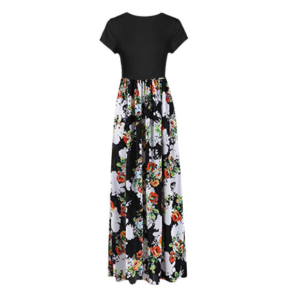Vestido largo informal de manga corta con cuello redondo y estampado floral para mujer