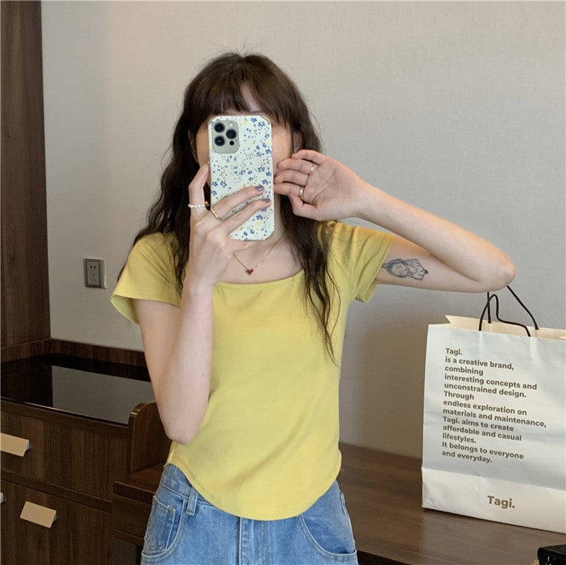 Camiseta informal de manga corta con cuello en U y color liso para mujer