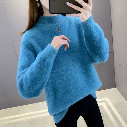 Suéter de felpa grueso y suelto con cuello medio alto de color liso informal a la moda para mujer