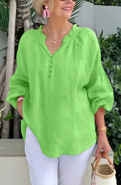 Blusa informal de algodón y lino de color liso con cuello en V y manga larga para mujer
