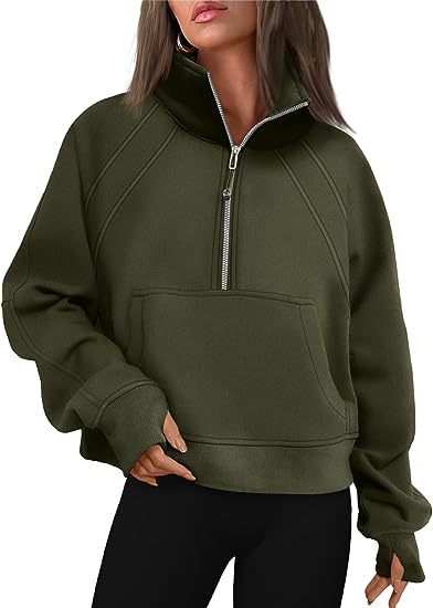 Sudadera informal de invierno para mujer, color liso, con cuello con cremallera y forro polar