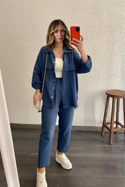 Conjunto de dos piezas de camisa y pantalones de solapa de manga larga de color liso informal para mujer