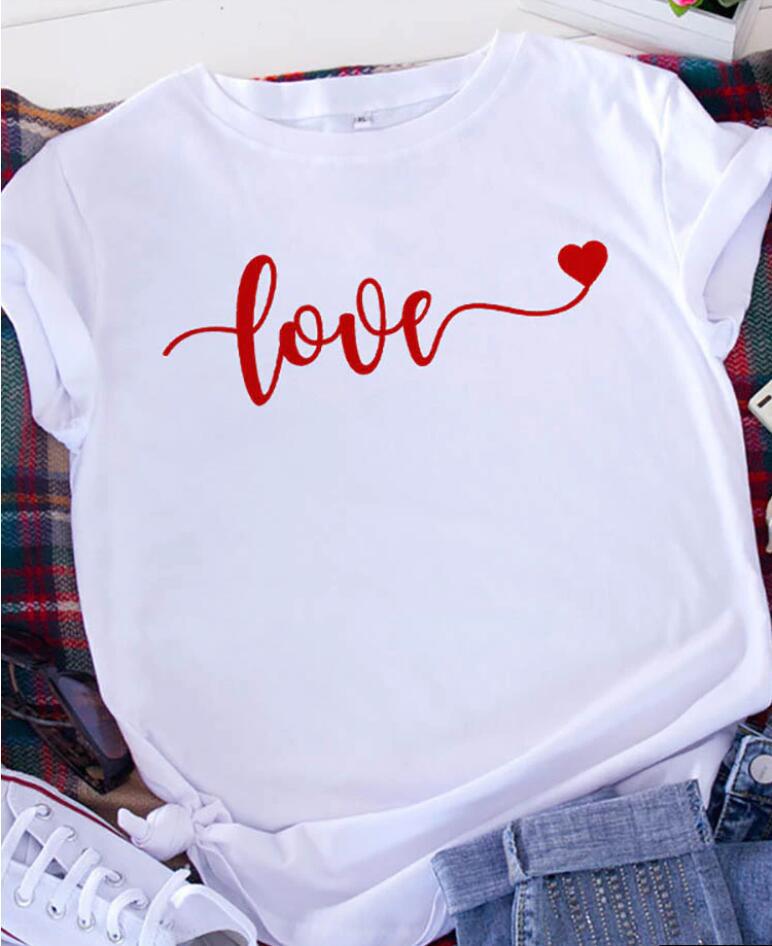 Camiseta informal de manga corta con estampado de corazón para mujer