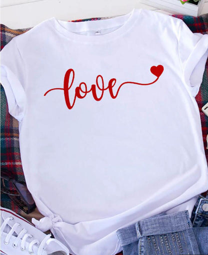 Camiseta informal de manga corta con estampado de corazón para mujer