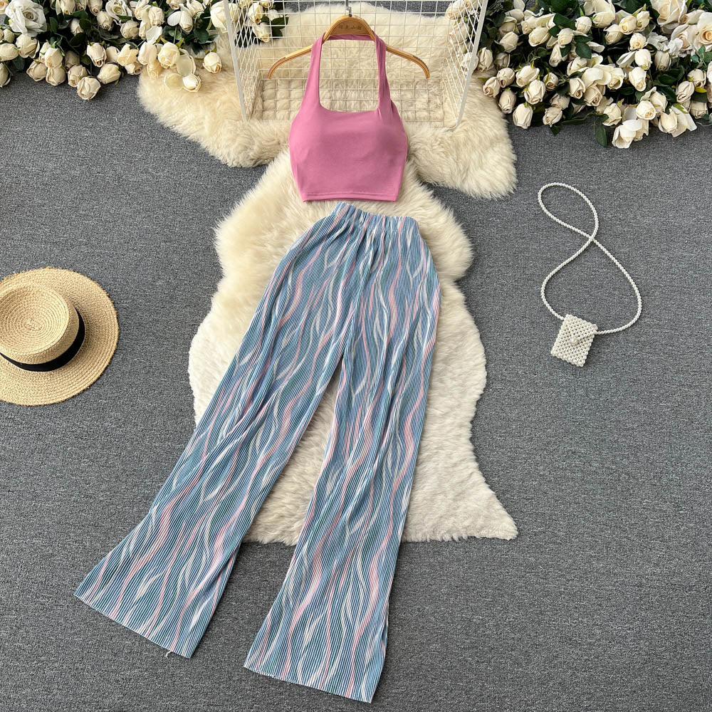Conjunto de pantalón y top con estampado floral sin mangas informal a la moda para mujer