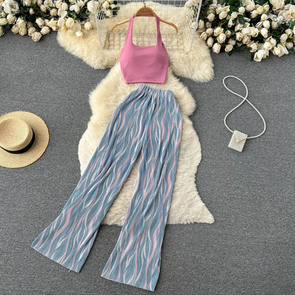 Conjunto de pantalón y top con estampado floral sin mangas informal a la moda para mujer