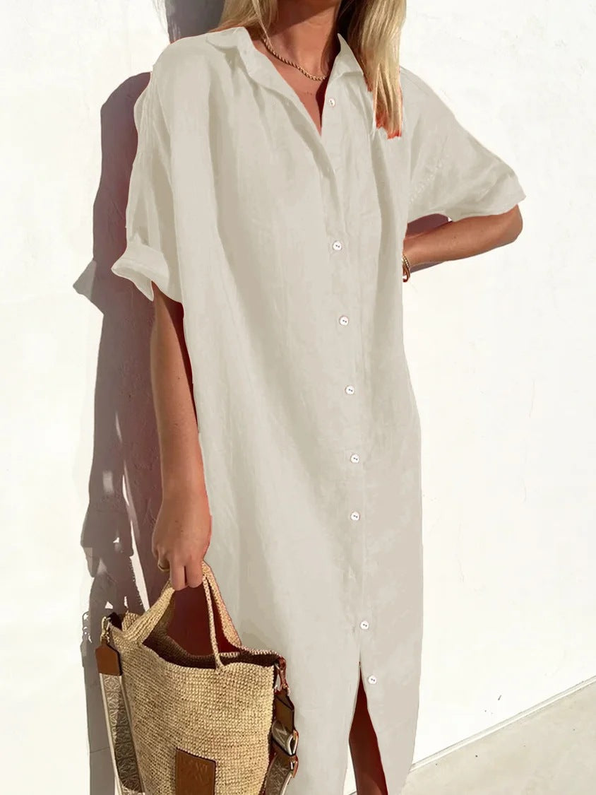 Women Elegant Casual Loose Short-Sleeved Button Cotton Linen Long Pocket Maxi Shirt Dress