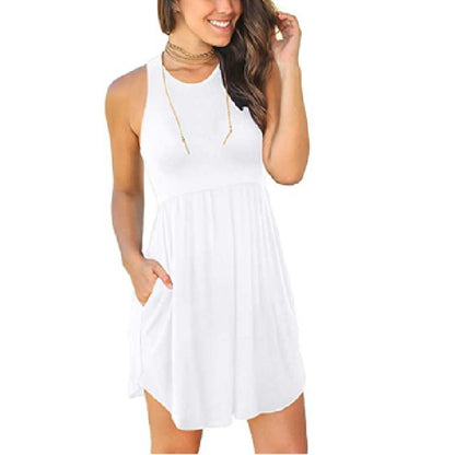 Summer Women Casual Floral Print Round Neck Sleeveless Pocket Dress